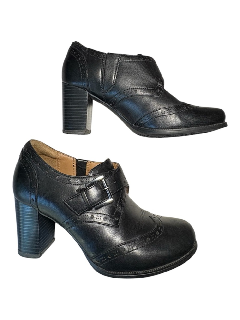 Clark’s Artisan Heeled Leather Buckle Booties, Black. US 7.